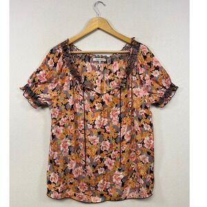 Cottagecore Boho Quintessential Womens Large Pink Orange Floral Peasant Blouse